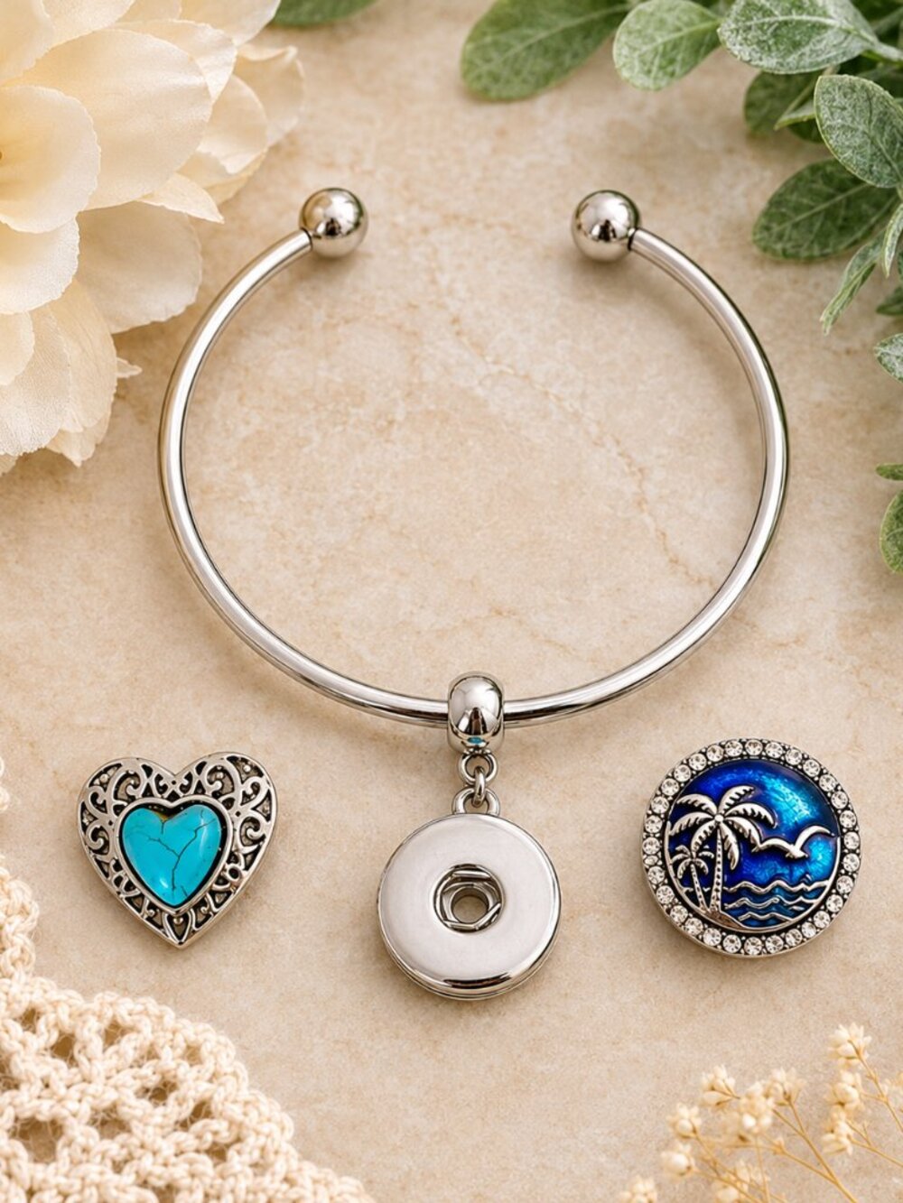 Silver Snap Charm Cuff Bracelet Palm Tree Waves & Turquoise Heart Snaps
